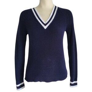 Gap Preppy Tennis Sweater Navy Blue White Stripe V-Neck 100% Cotton Knit Size XS
